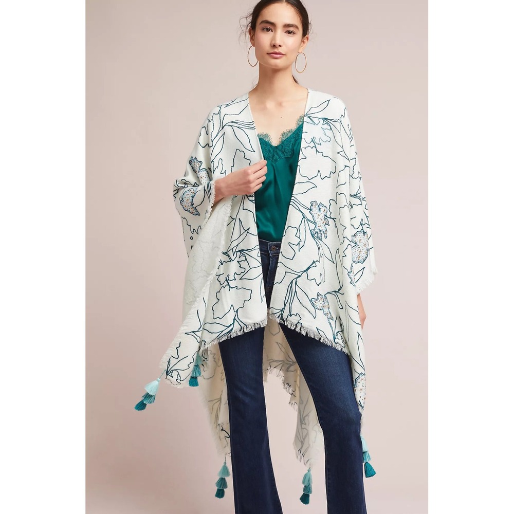 Anthropologie Cozy Garden Kimono Women Ivory Teal Floral Tassel Boho One Size